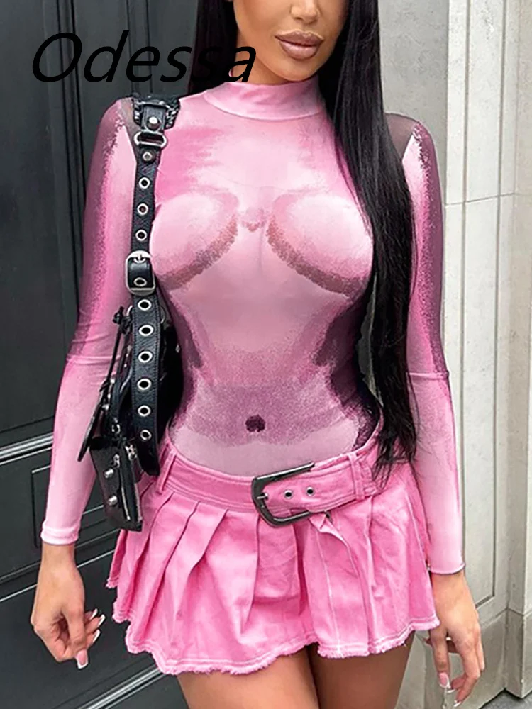 

Боди женское Сетчатое с длинным рукавом, круглым вырезом и принтом