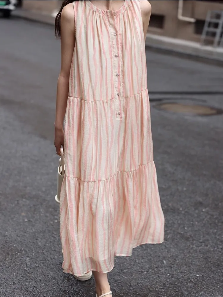 Женское летнее платье-жилет в розовую полоску приталенная длинная свободная