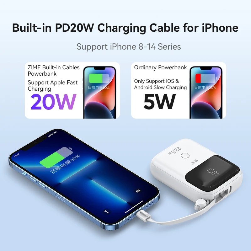 Zime Power Bank Portable 10000mAh Mini Built-in Fast Charging Cables PD20W Powerbank External Battery Charger for iPhone 14 13