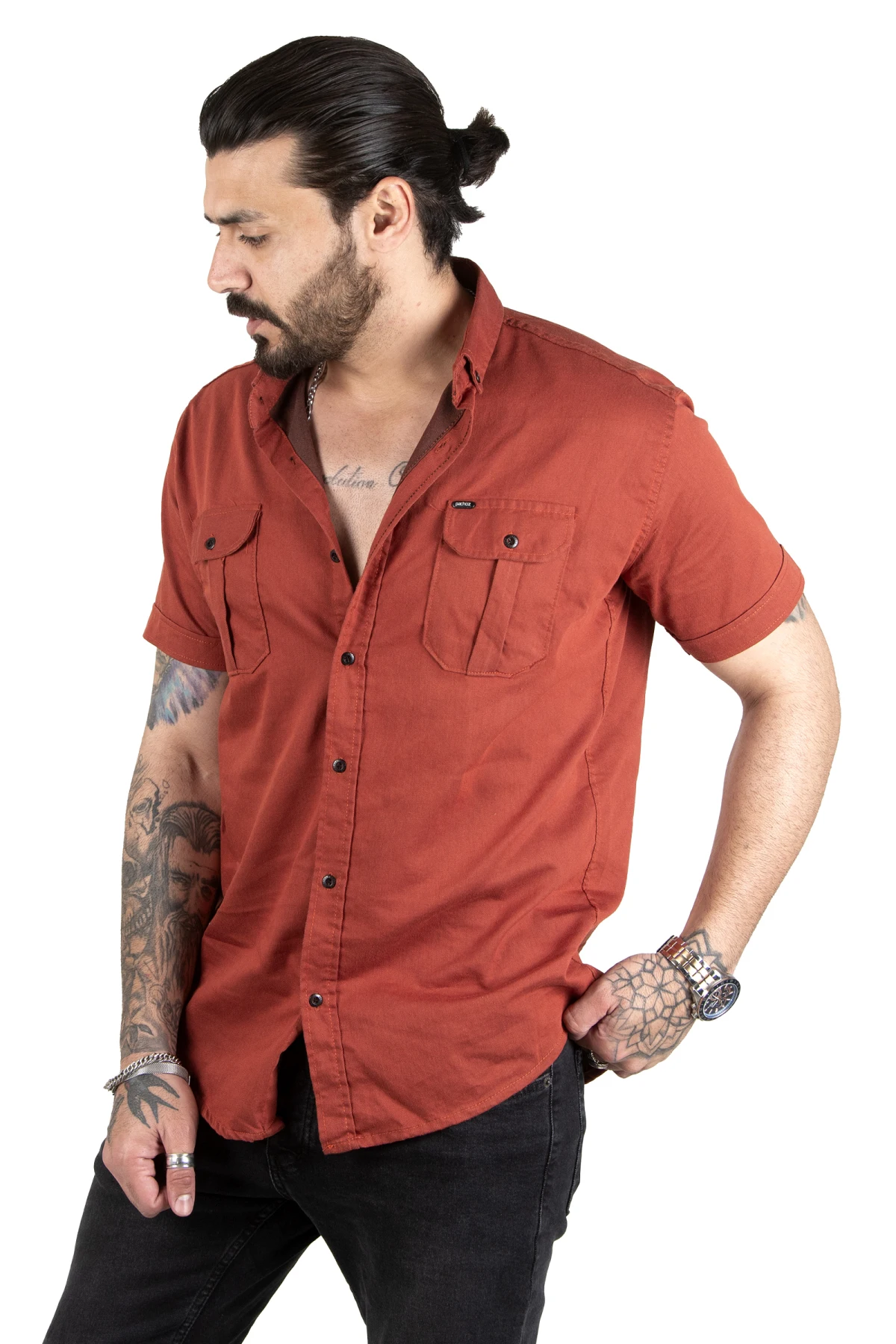 DeepSEA lycra slim cut buttoned short sleeve men's denim shirt 2201885