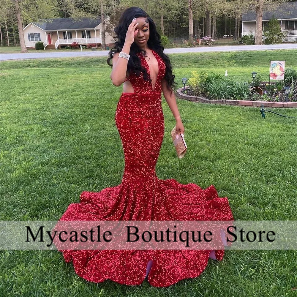 

Sexy Red Velvet Mermaid Prom Dresses 2023 For Black Girls Sequin Backless Formal Party Gowns Robe De Soirée