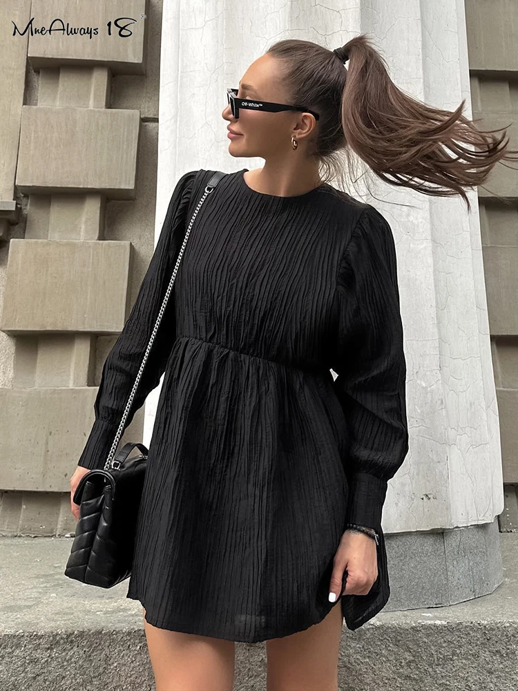 

Mnealways18 Black Crape Women A-Line Dress Cotton Round Neck Slim Elegant Mini Dress Autumn Office Ladies Soft Fashion Dresses