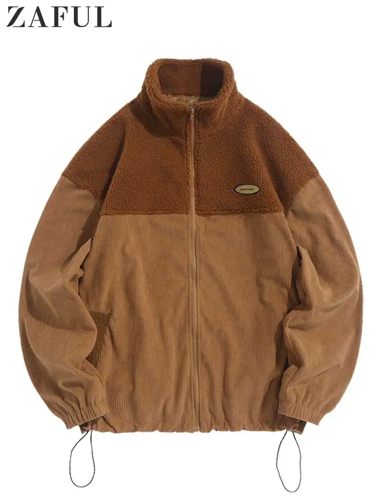 

ZAFUL Corduroy Jacket for Men Fluffy Fleece-lined Spliced Jackets Zipper Turtleneck Coats Fall Winter Loose Outerwear Warm Tops