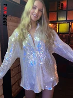 tnnzeet sparkly sequins sexy women party shirt tops charming ladies loose long sleeves nightclub clothes 2022 y2k street polos