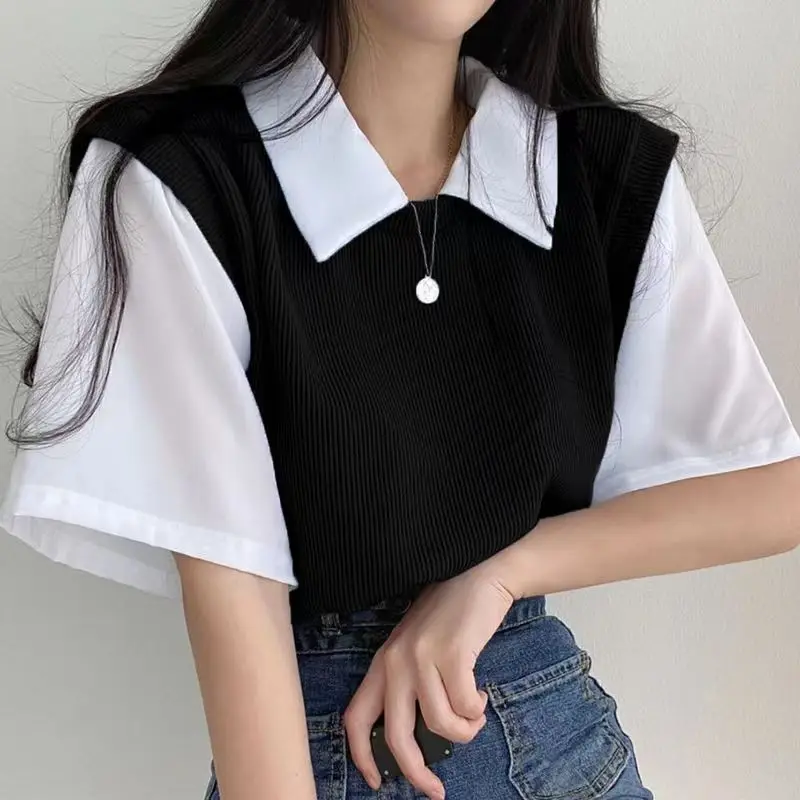 

Fashion Polo Lapel Neck Women's Fake Two Pieces T-shirt Summer Short Sleeve Casual Loose Tops Female Girl Clothes Tees