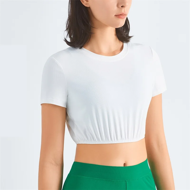 Solid Color Women Fitness crop Top Yoga Short Sleeve Ribbed Round neck Waistband T-shirt Slim Fit Elastic Sports Short Shirt Gym