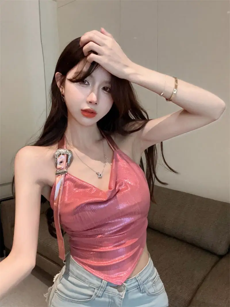

1Pc Women Fashion Camisole Hanging Neck Irregular Short Sling Vest Top Female Summer Sexy Personality Backless Sling Vest