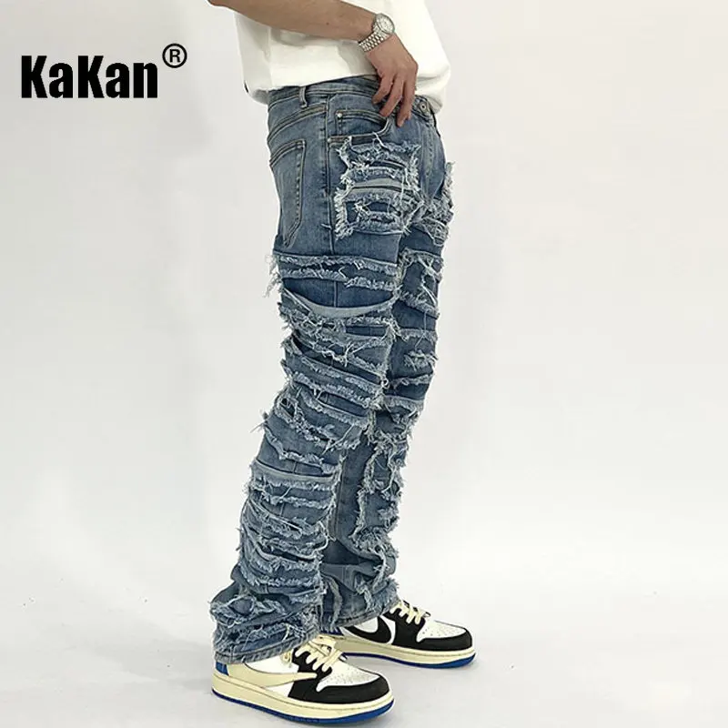 Kakan - New High Street Washed Cat Beard Harlan Patch Jeans for Men, Worn Out Slim Fit Slim Feet Men's Pants Jeans K27-g37