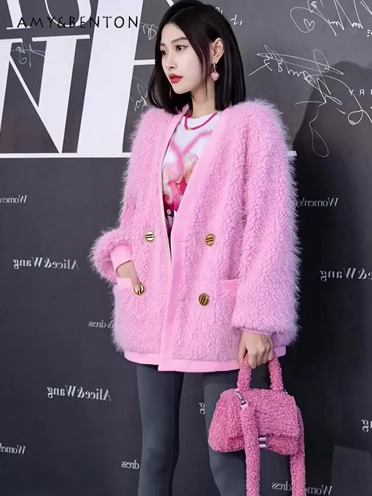 

Plush Lambswool Coat for Women Autumn and Winter New Korean Style Elegant Loose Cardigan Long Sleeve Slimming Fleece Sweater
