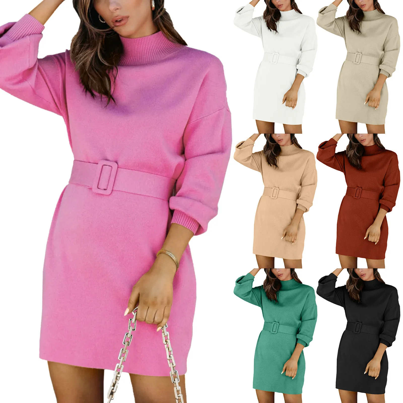 

Womens Long Sleeve Round Neck Solid Color Knitting Thick Casual Oversized Pullover Sweater Dress Cowl Neck Knit Sweater Dress