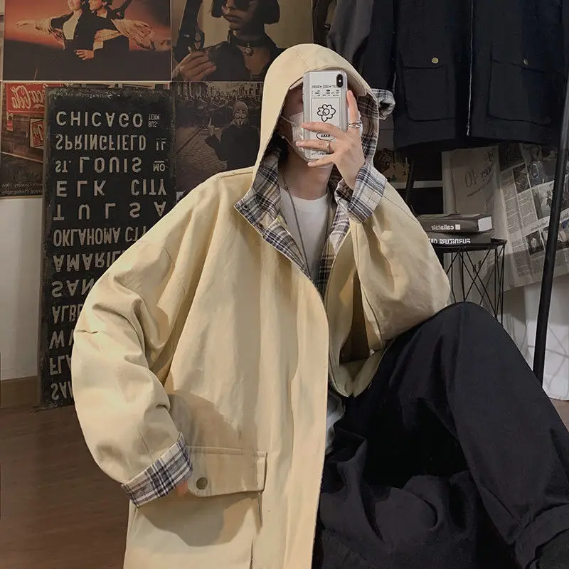 

Куртка Женская Базовая с капюшоном, клетчатый пиджак в стиле Харадзюку в стиле пэчворк, уличная куртка-карго пары BF, мешковатая универсальн...