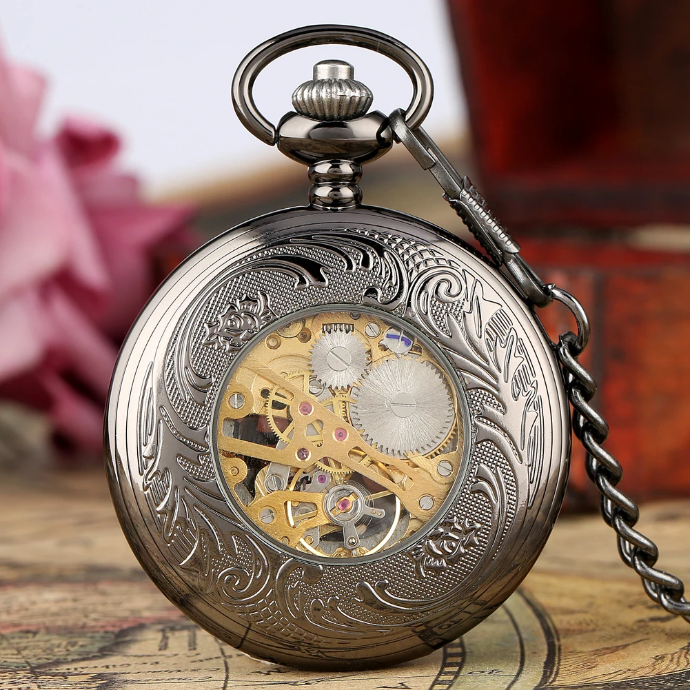 Arabic Numerals Display Manual Mechanical Pocket Watch Retro Black Spider Web Hollow Hand-Wind Pendant Man Clock Fob Chain