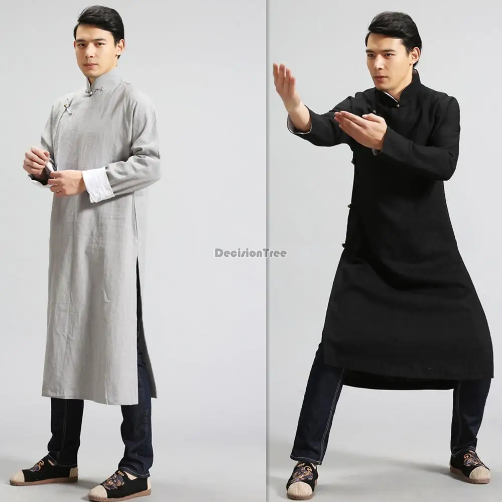 chinese traditional tang suit Tai chi clothing men linen jacket  male hanfu pure color robe male hanfu Kung fu robe