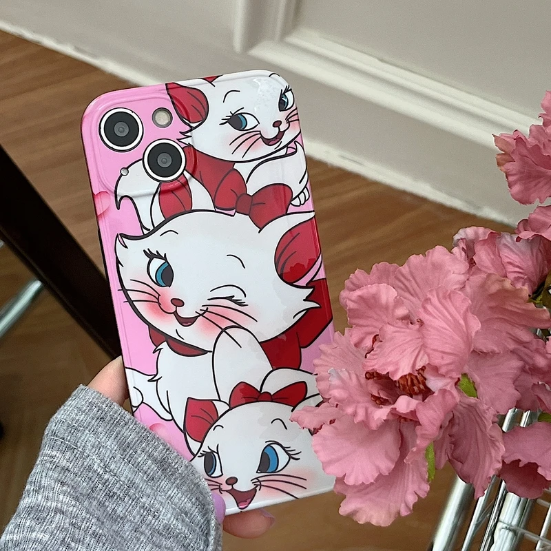 

Funny Cute Cartoon Anime Animal Pink Bow Cat Phone Case For iPhone 11 12 13 Pro Xs Max X X 7 8 Plus Soft Silicone Cover Coque