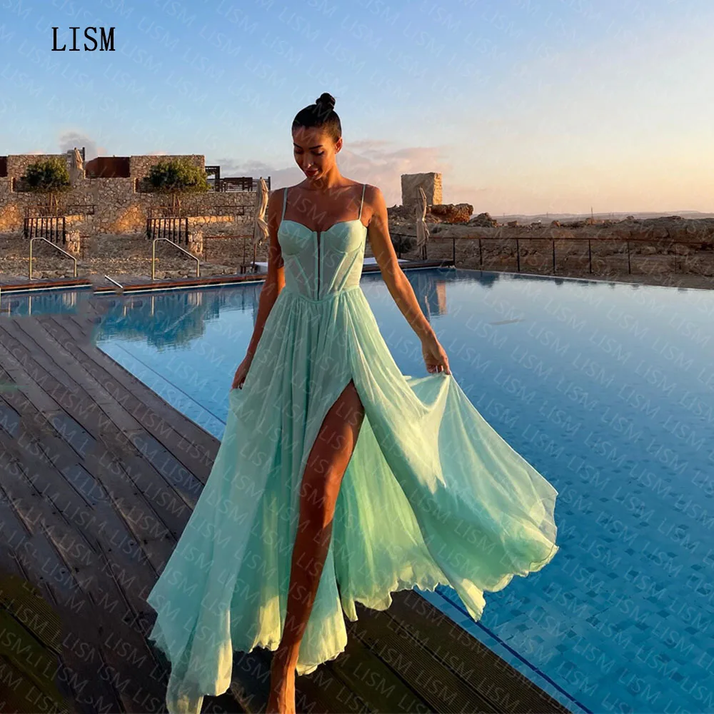 

LISM Green A-line Sweetheart Chiffon Corset Boning Spaghetti Straps Side Slit Formal Evening Party Dress 2023 Beach Prom Gown