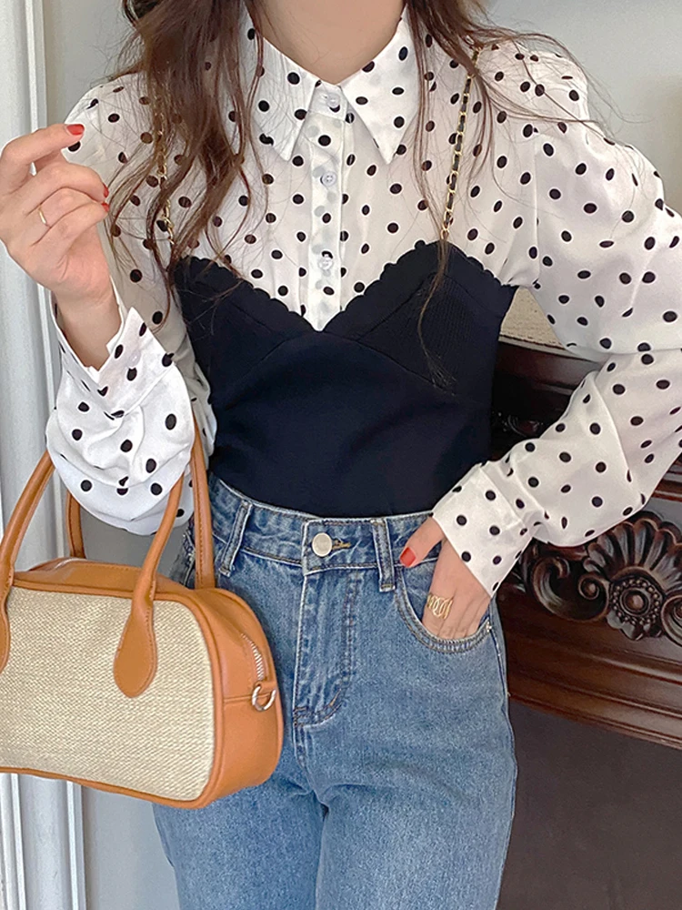 

Polka Dot Knitted Patchwork Women Blouse Shirt Metal Chain Tops Stitching French Age Reducing Long Sleeve Button Up Mujer Top