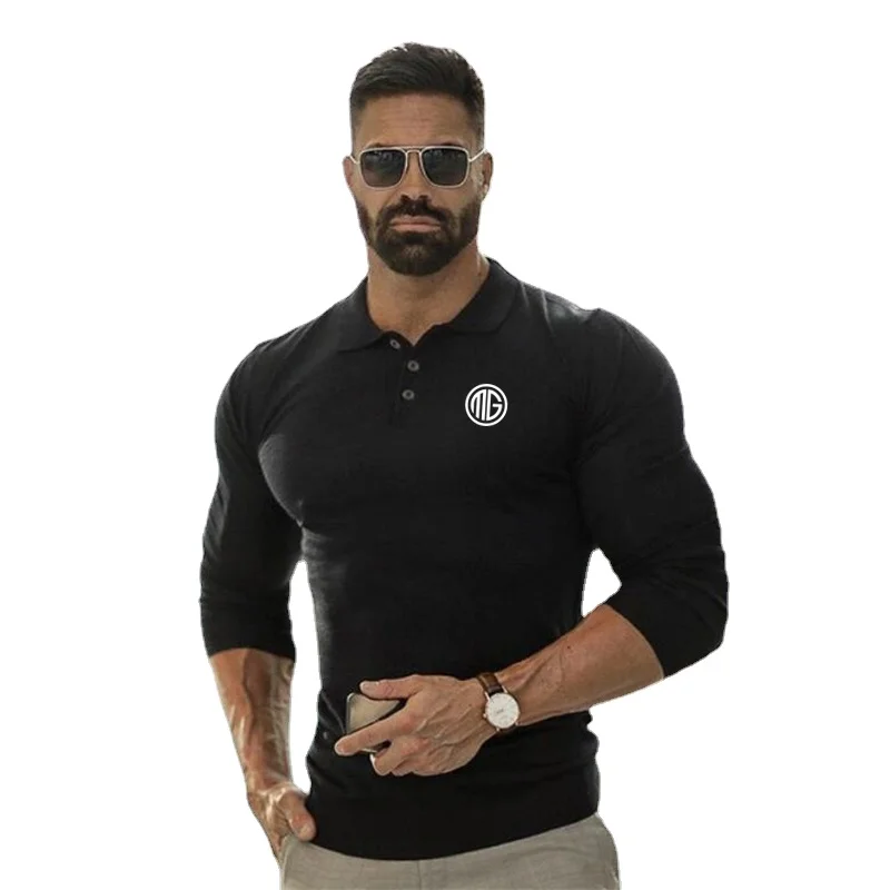 

Новинка, осенняя модная дышащая Облегающая рубашка-поло с отложным воротником, Мужская Уличная одежда для фитнеса и бодибилдинга, для работы