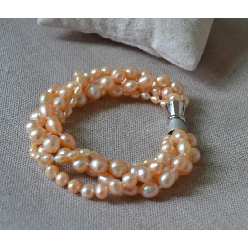 

Pink Pearl Jewellery,7.5inches 3-8mm Genuine Freshwater Pearl Bracelet,4rows Mixes Shape,Magnet Clasp