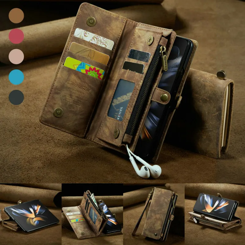 CaseMe 2022 Z Fold 4 Case For Galaxy Z Fold 4 Zipper 5 Card Slots Cash Purse Wallet Flip Case For Samsung Galaxy Z Fold 4 Case