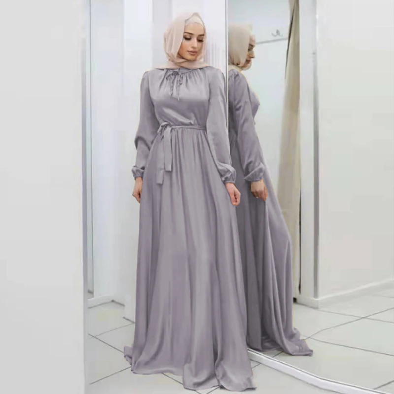 Muslim Fashion Satin Wrap Dress Ramadan Belted Abaya Dubai Turkey Arabic Long Sleeve Maxi Dresses Women Islam Clothing Robes