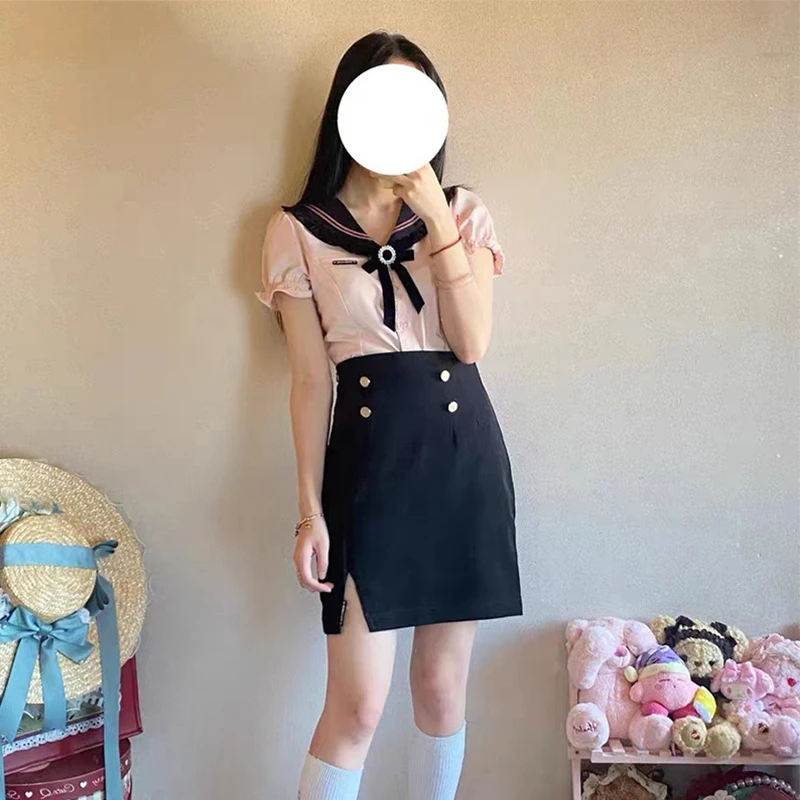 

[Summer Sweetie] Short Sleeves Navy Sailor Suit Korea Ruffled Patchwork Dress Women JK High School Uniform Class Students Cloths