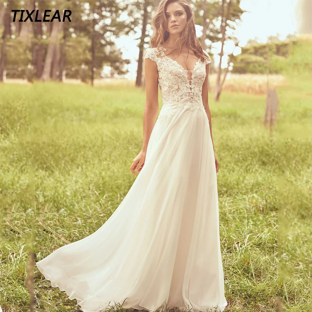 

TIXLEAR Elegant Wedding Dresses V-Neck Lace Appliques Short Sleeves Illusion Button Bridal Gown Sweep Train Vestido De Novia New