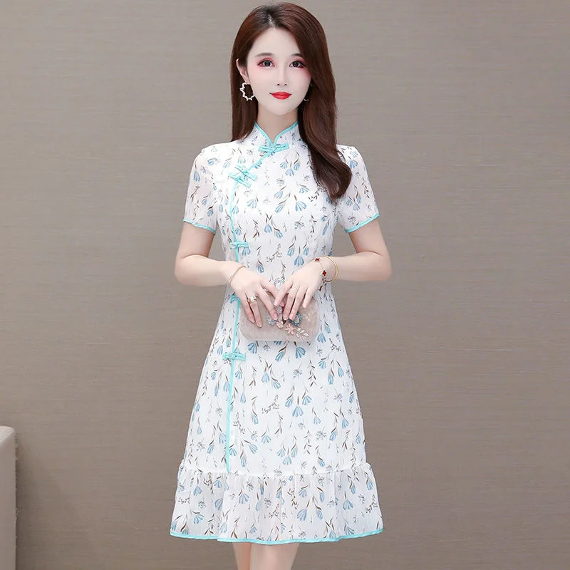 

Women Elegant Chinese Style Knee Length Qipao Summer Floral Print National Style Temperament Lady Cheongsam Dress 2022 Vestidos
