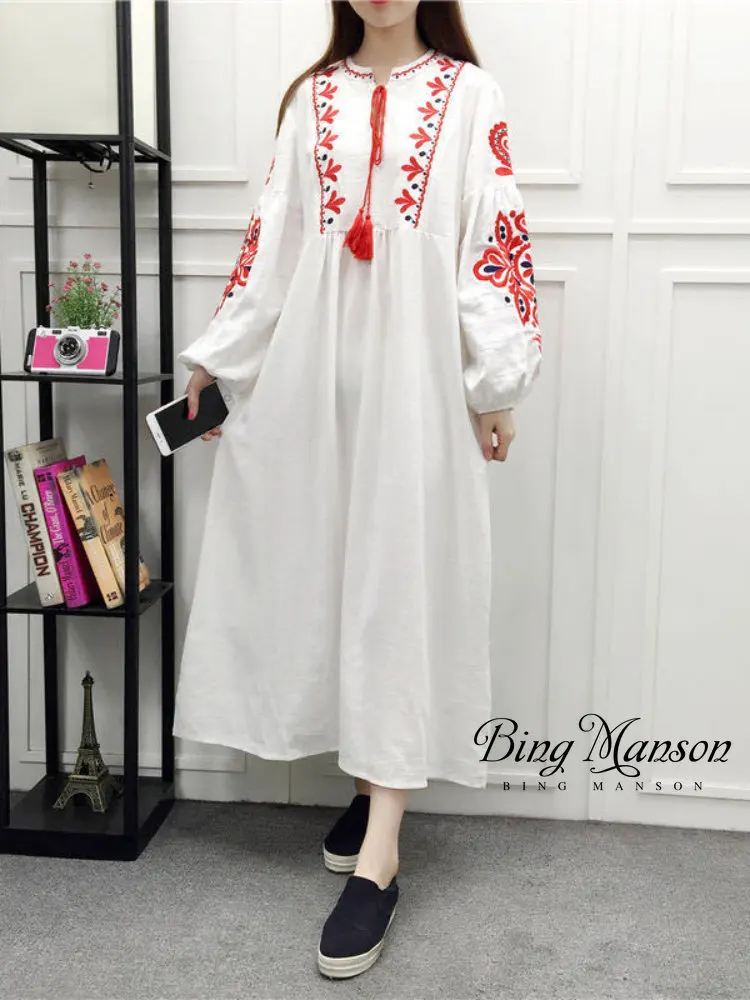 

2023 New Boho Queens Women Floral Emberoidery Beach Bohemian Maxi Dresses Ladies O-neck Lantern Sleeve Summer Dress Vestidos