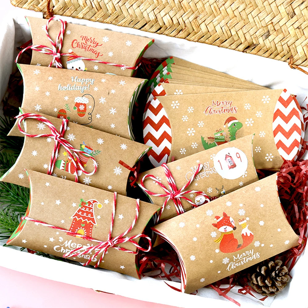 

24PCs Christmas Pillow Box Merry Christmas Gift Candy Packaging Kraft Paper Boxes Xmas Advent Calendar DIY Supplies Decoration