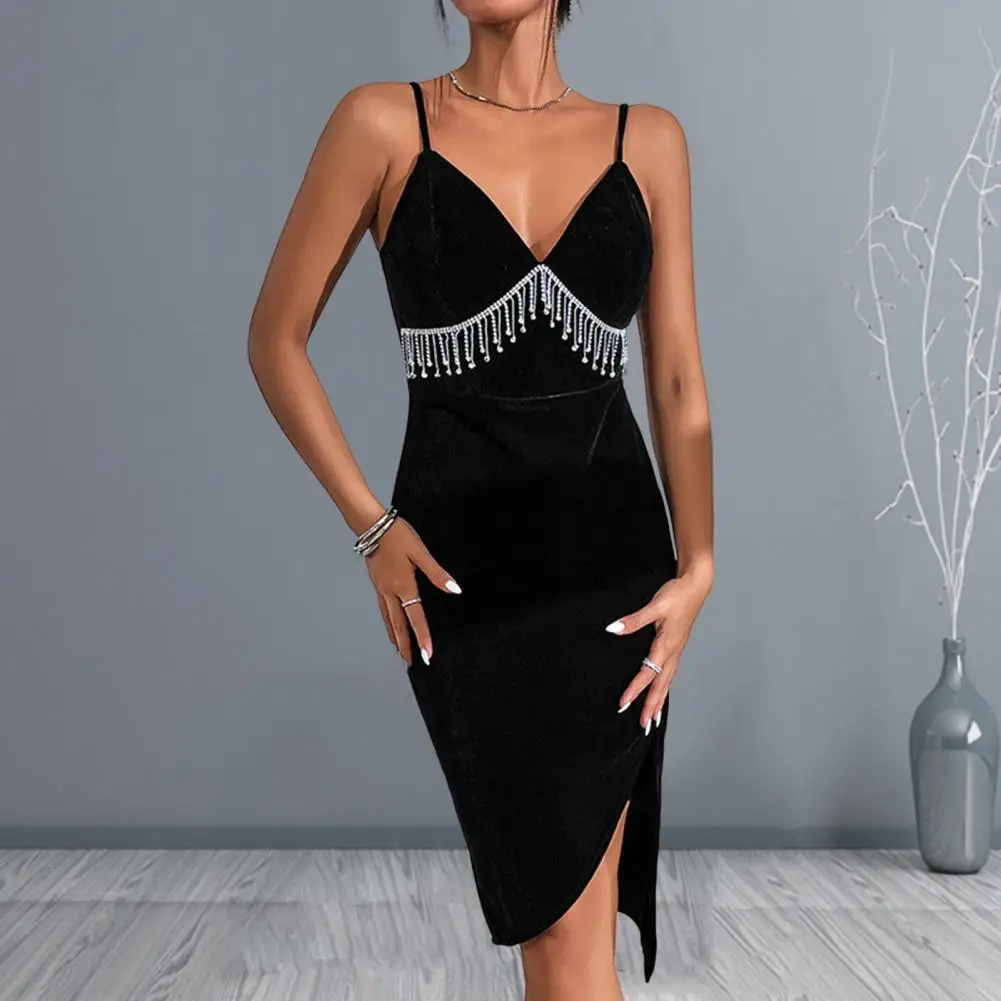 

Women Prom Dress Tassel Deep V Neck Low Cut Split Backless Sleeveless Solid Color Wedding Dress Evening Party Gown Vestidos Gala