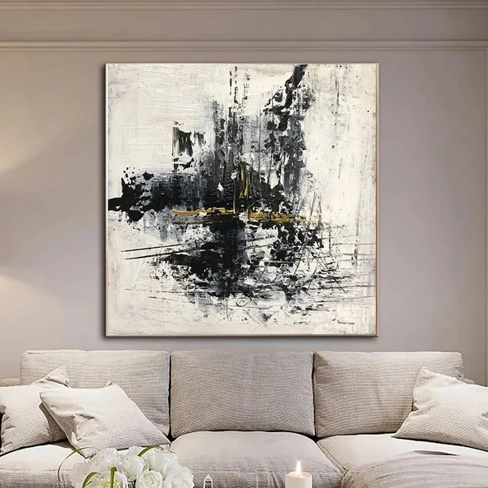 

Oversize Oil Painting Gray&Black On Canvas Abstract Wall Painting Living Room Wall Art Framed Textured Painting