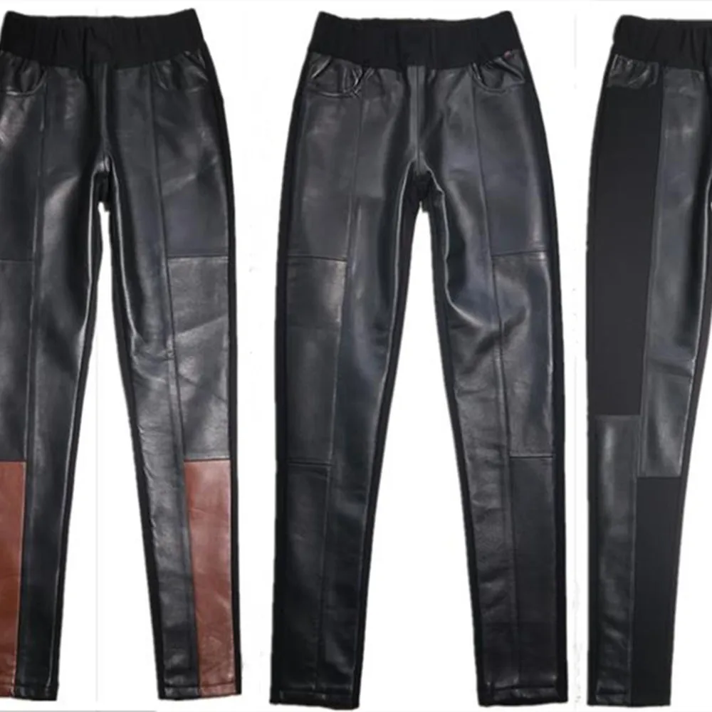Genuine Leather Pants for Women Winter Fashion Patchwork Sheepskin Slim Fit Pencil Pants Female Full-Length Leather Pants Y3071