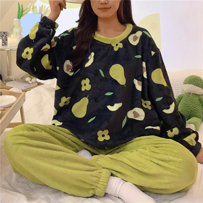 

Thickened Warm Pajamas Set Women'S Winter Cute Cartoon Kawaii Long Sleeve Velvet Sleepwear Home Clothes Suit