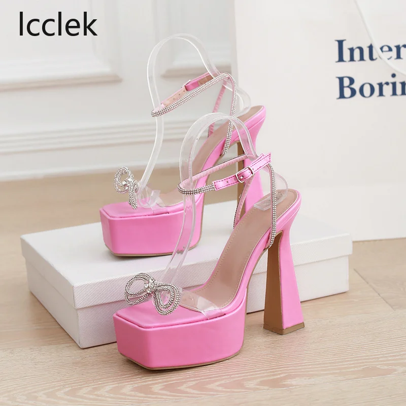 

lcclek Sexy Crystal Rhinestone Platform Women Sandals Fashion Open Toe PVC Transparent Super High Heel Female Designer Shoes