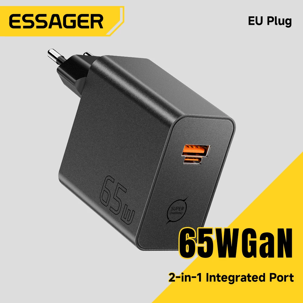 Фото Зарядное устройство ESSAGER 65W GaN 2-в-1 USB Type-C: полностью совместимое, быстрая зарядка для iPhone 17, Samsung S26, MacBook, ноутбуков Huawei №1