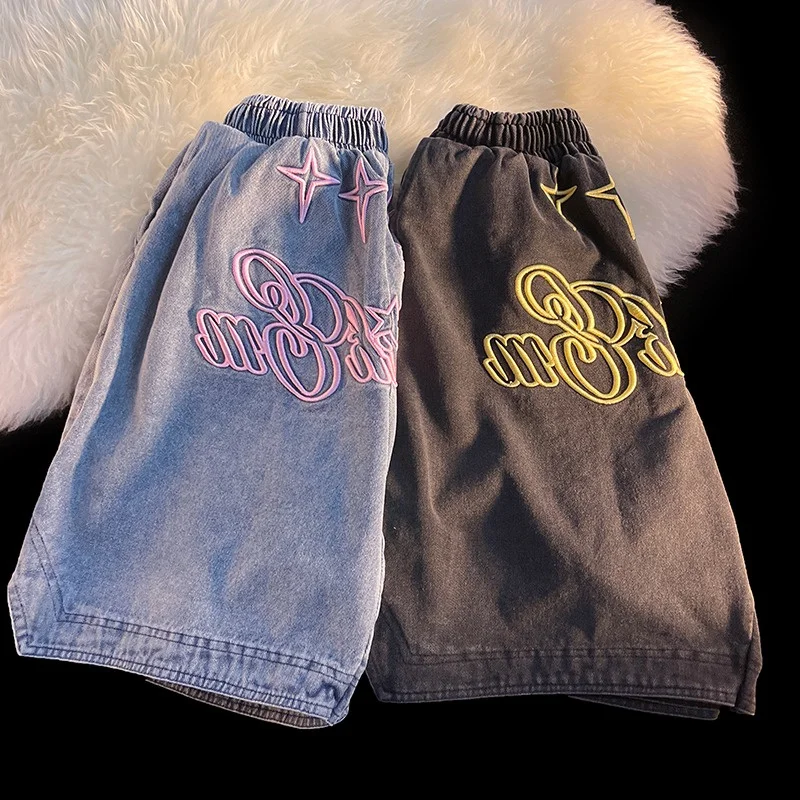 Harajuku Style Casual Shorts Summer Women Fashion Embroidery Letters Denim Shorts Girl Loose High Street Blue Short Pants Female