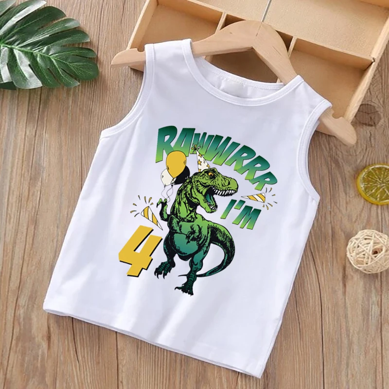 

4Y 5Y 6Y Birthday T-shirt Cartoon Dinosaur Graphic Printed Vest Kids Boys Girls Clothes Fashion Children Sleeveless Summer Tops