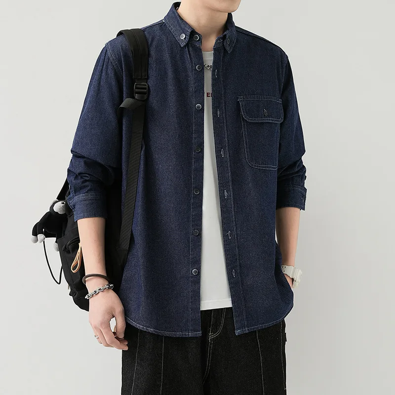 

Men's Thin Denim Long Sleeve Shirt Casual Solid Color Workwear Shirt