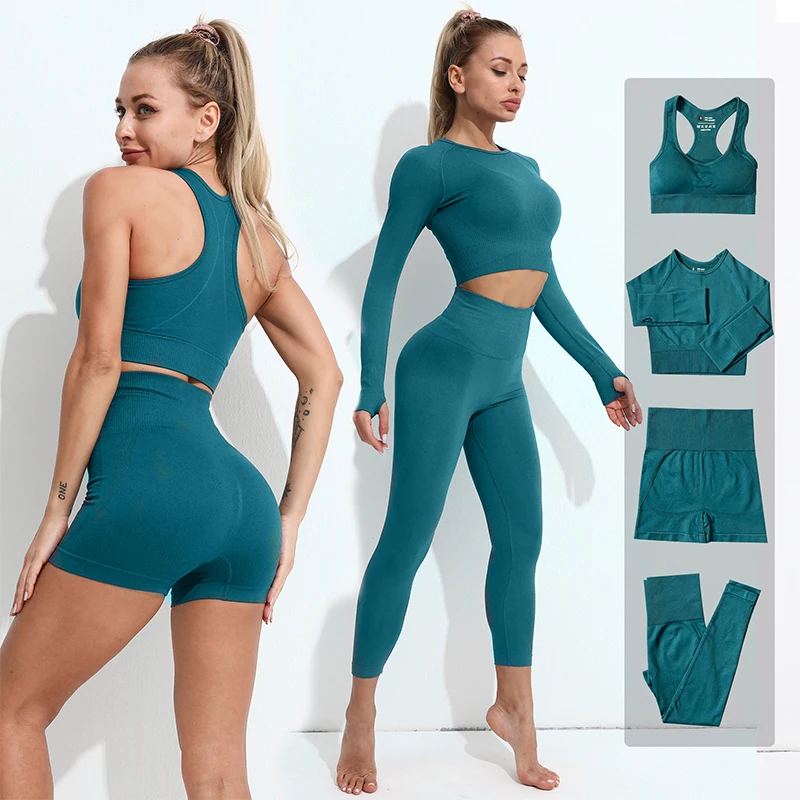 

Женский бесшовный комплект для йоги, тренировочная спортивная одежда, одежда для спортзала, укороченный топ с длинным рукавом, леггинсы с высокой талией, спортивный костюм, 4 шт.