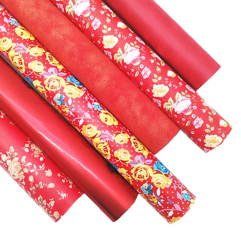 Flowers Custom Synthetic Leather with Felt Backing Red Lace Faux Leather Glossy Patent Leather for DIY Craft 8.2
