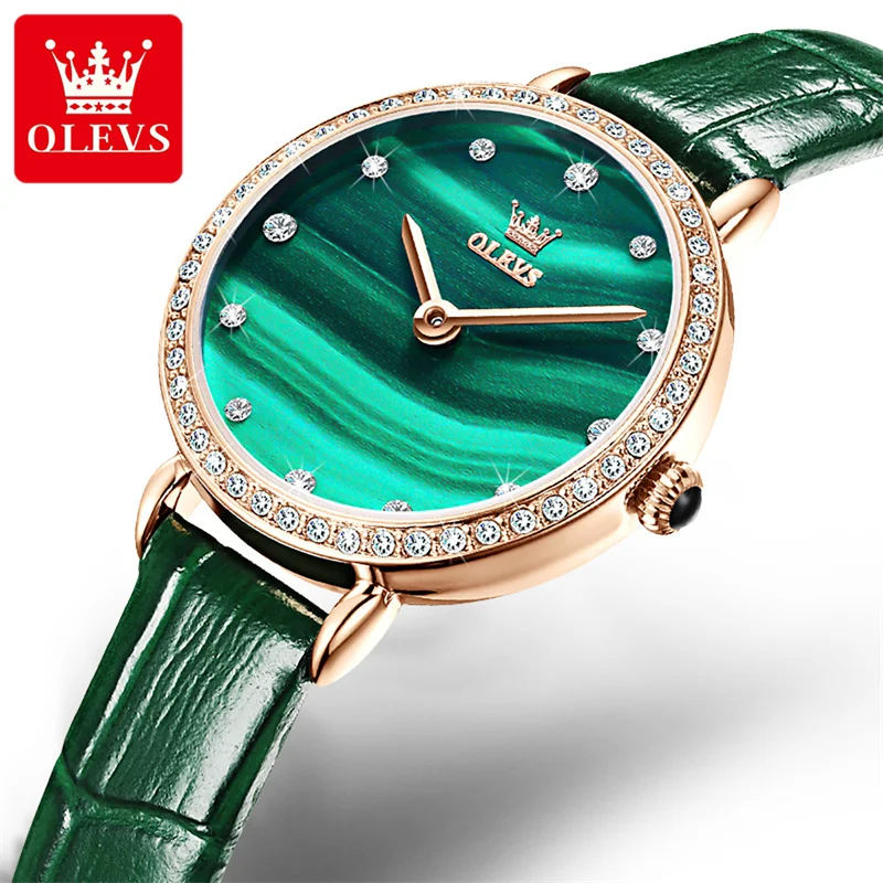 Enlarge OLEVS Fashion Women Watches 2023 Luxury Forest Green Designer Quartz Ladies Watches Leather Watch Female Relogio