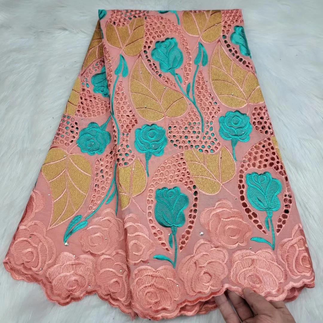 

African Latest Pink Pure Cotton Stones Lace 2022 Swiss High Quality Punch Water Soluble Lace Soft Fabric For Wedding Prom Dress