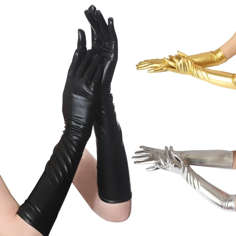 

Women Long Metallic Gloves Elbow Length Skin-friendly Stretch for Evening Wedding Dress Costume Burgundy