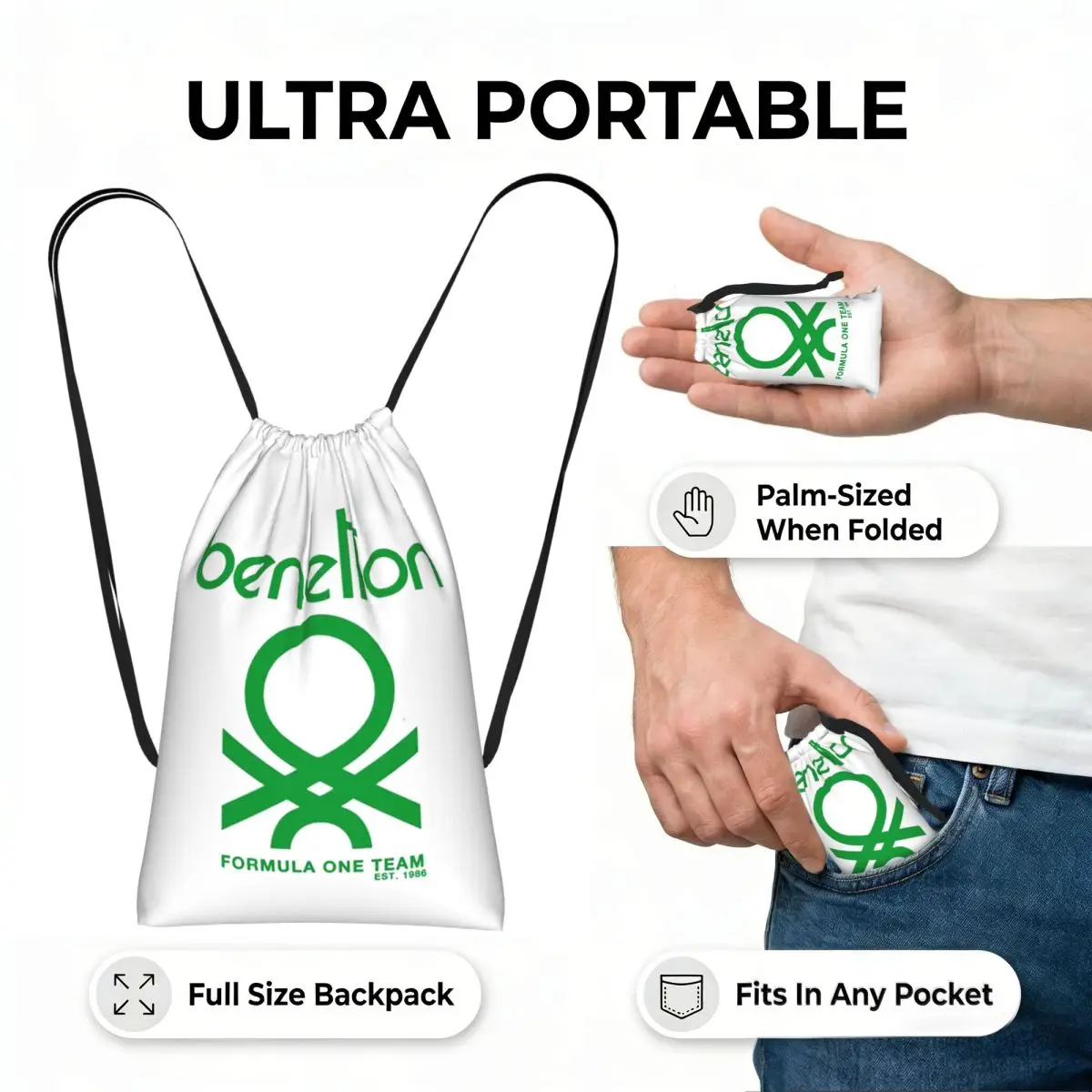 Фото Рюкзак Benetton на шнурке, спортивная сумка для спортзала, легкая складная сумка на шнурке для хранения вещей для мужчин и женщин №2