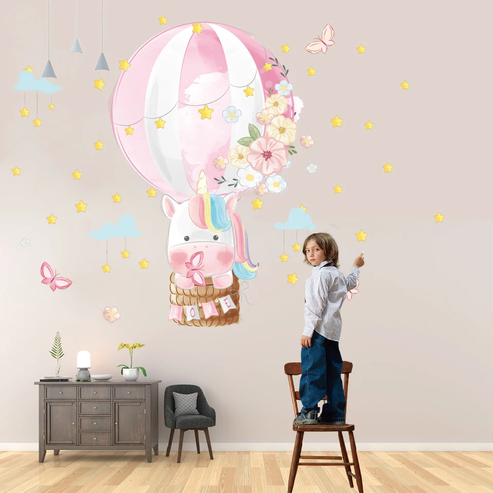 3d Unicorn บอลลูน Wal สติกเกอร์ตกแต่งด้วยตนเองกาว Pink Hot Air บอลลูนรูปลอกผนังสำหรับห้องเด็กหญิง