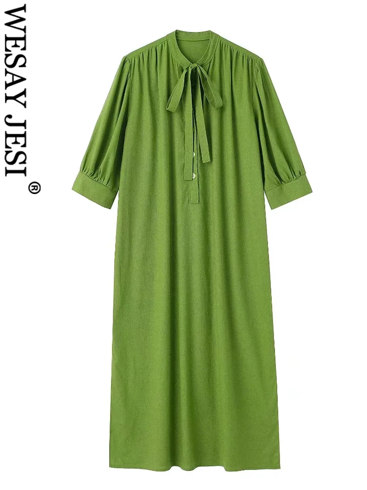

WESAY JESI Lightweight Three Button Pullover Mid Sleeve Women Dress Olive Green Daily Skin-Friendly Cotton Linen Lady Dress New