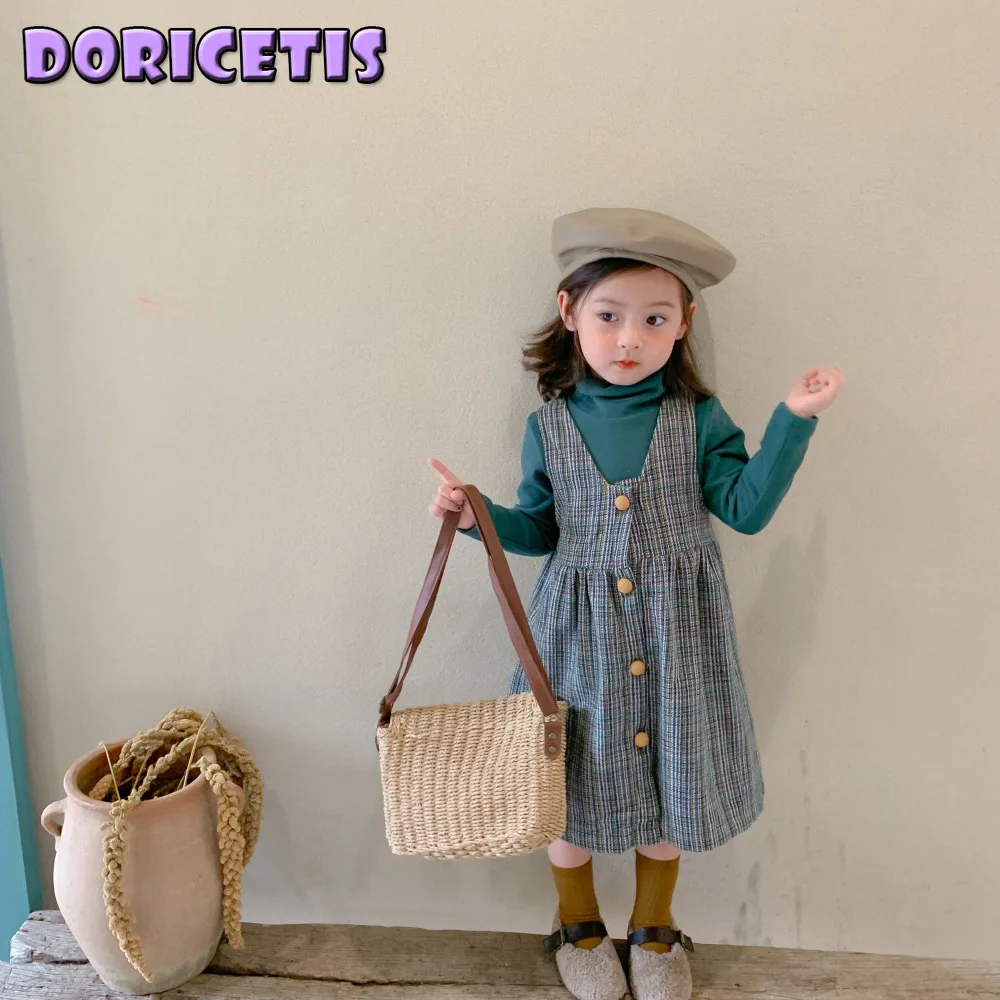 

Детское платье, Однотонный свитер с высоким воротником, клетчатая юбка на бретелях для маленьких девочек, стильное весеннее платье принцес...