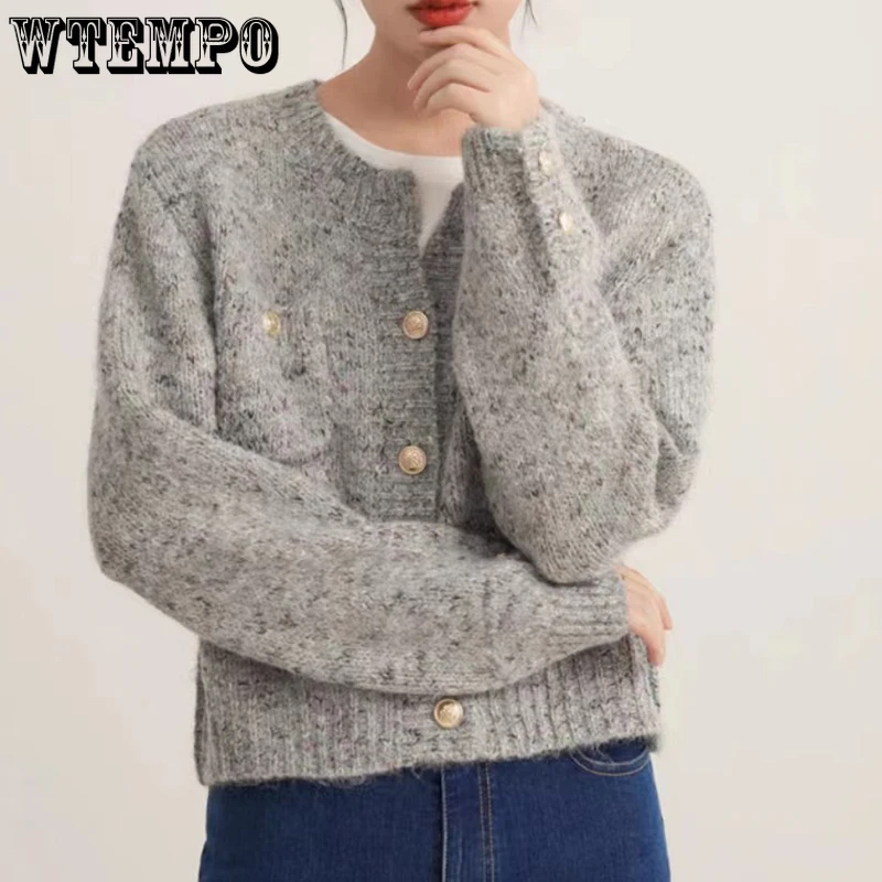 

Корейский короткий серый вязаный кардиган WTEMPO в стиле Харадзюку на пуговицах, Женский винтажный элегантный весенний осенний свитер с круглым вырезом, пальто, оптовая продажа