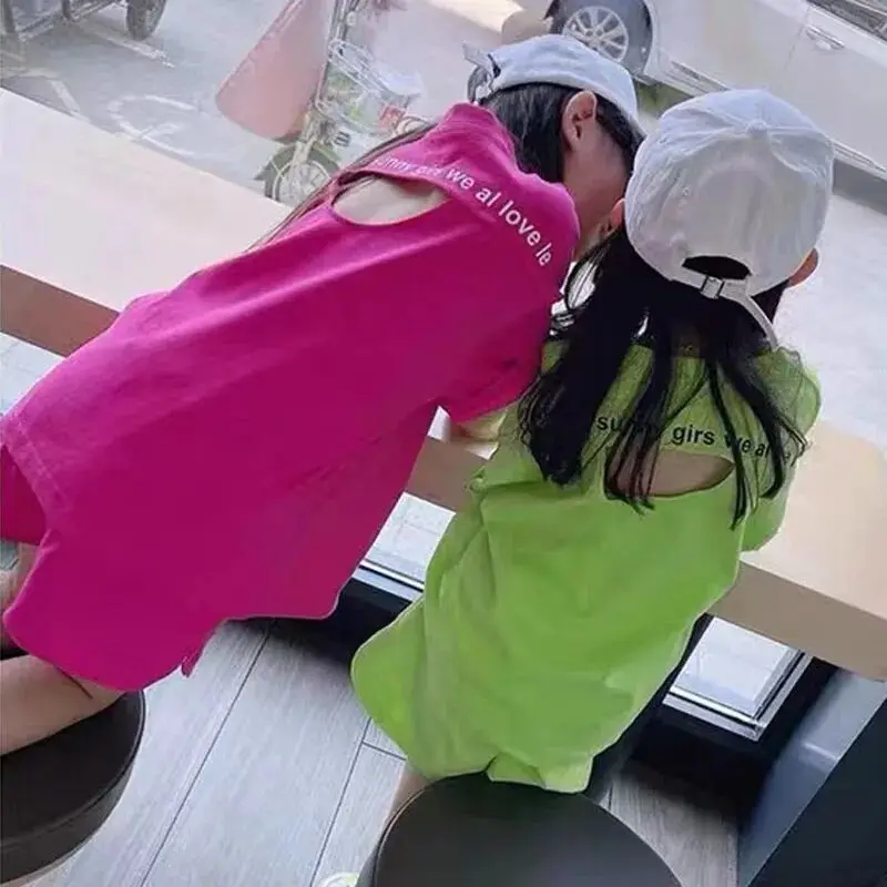 Хлопковая одежда для девочек комплект из двух предметов футболка с открытой