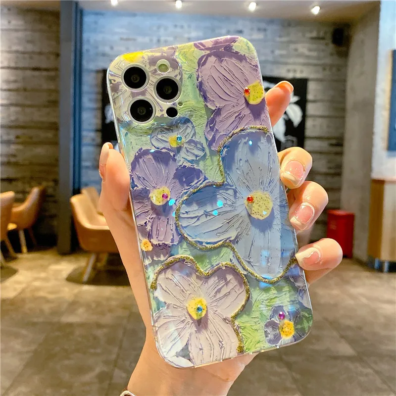 

Aesthetic Clear Oil Painting Flowers Case For iPhone 13 11 12 Pro Max XR X S XS 7 8 Plus SE 3 Silicone Shockproof Soft TPU Cover